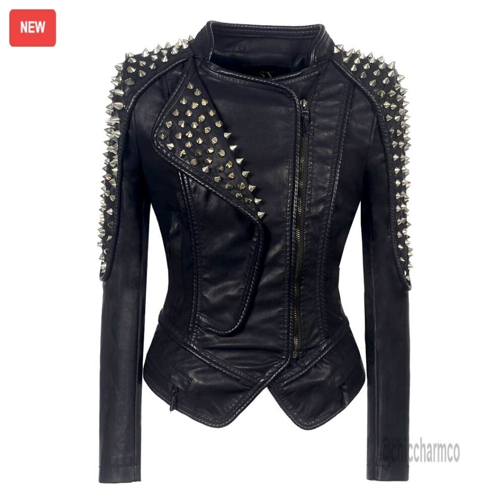 Faux Leather Motorcycle Jacket with Rivets Asymmetric Zipper Biker Coat